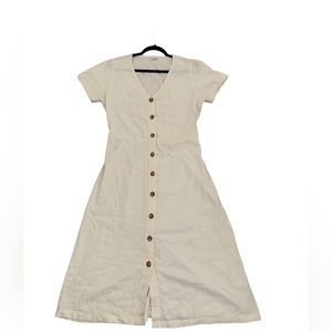 Off white V-Neck Button-Front Linen-Blend Fit & Flare